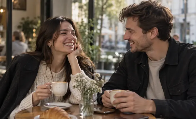 A young couple talking and laughing together over coffee at a café table.