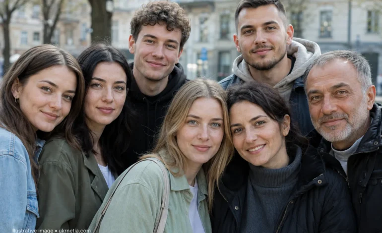 A diverse group of Ukrainians with different eye colors and appearances.