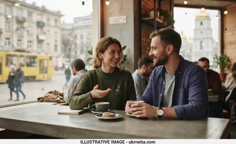 Ukrainian woman talking with a foreign man in a café