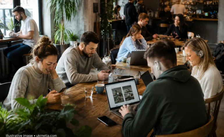 People using social media on smartphones and laptops in a modern café in Ukraine.