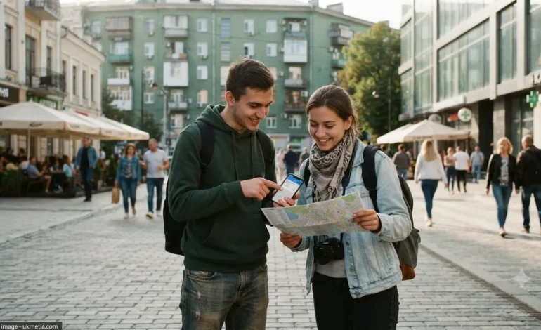 An international traveler communicating with a young Ukrainian local in Kyiv using English and a translation app.