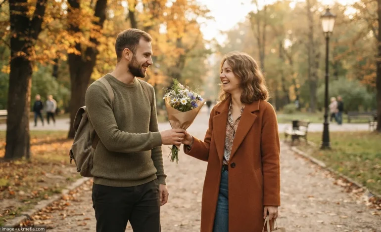 A Ukrainian couple sharing flowers during a walk in a European park.