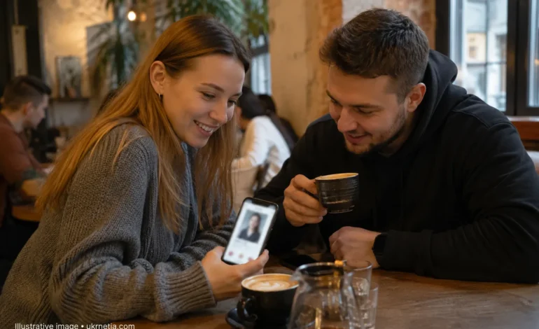 Two people using a dating app while enjoying coffee in a modern Ukrainian café.