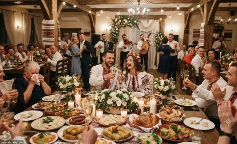 A traditional Ukrainian wedding reception with family, friends, and festive dining.