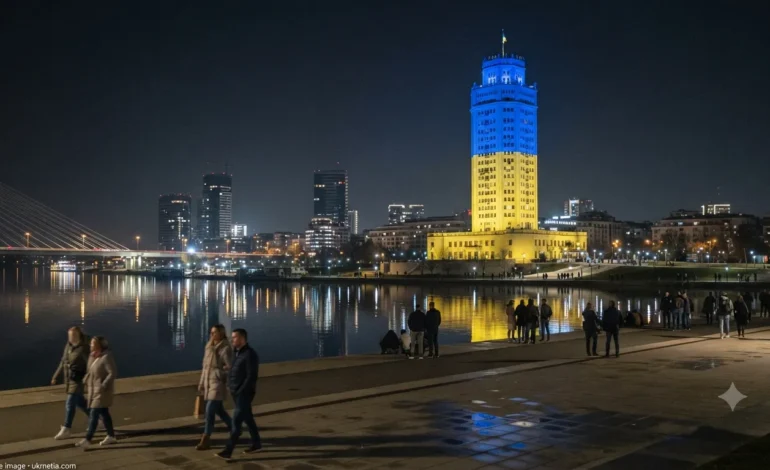 Belgrade Tower illuminated in blue and yellow during President Volodymyr Zelenskyy's visit to Serbia.