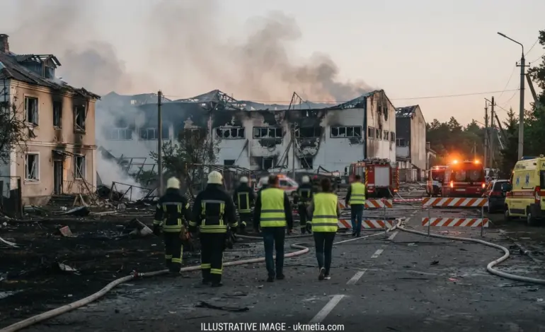 Emergency workers respond after a deadly Russian attack in Kyiv region