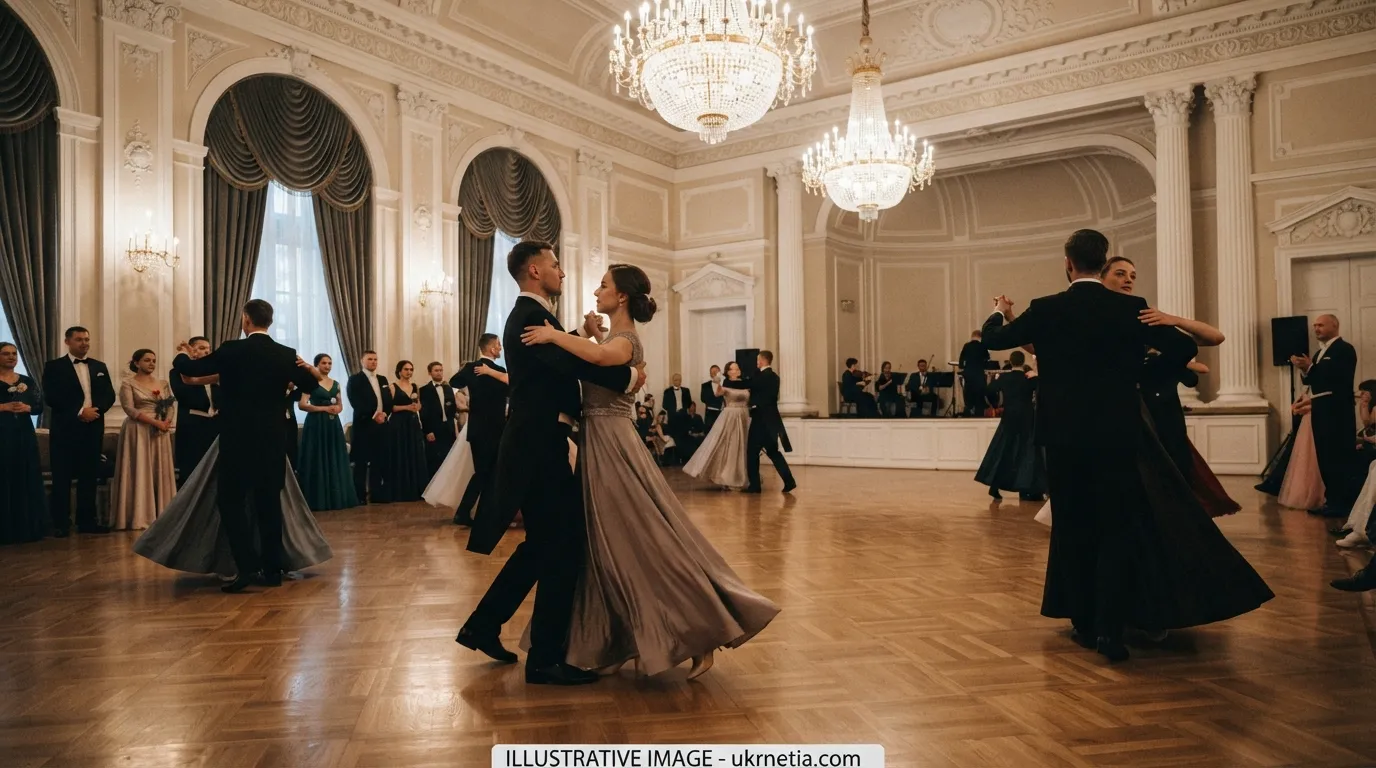 Couples dance at a formal Viennese-style charity ball in Lviv region