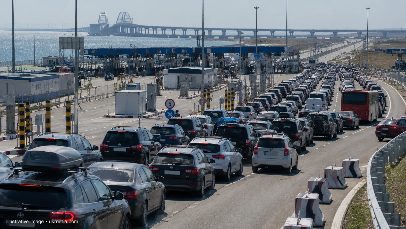 Long queue of cars leaving occupied Crimea near the Crimean Bridge.