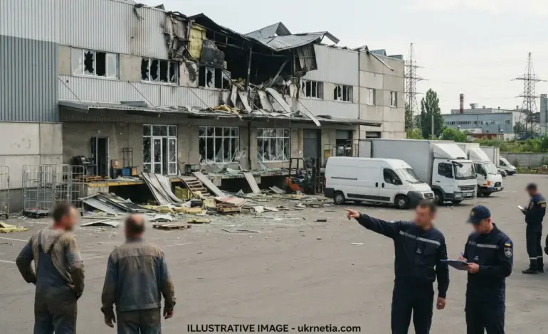 Damaged distribution center in Kyiv after a Russian attack