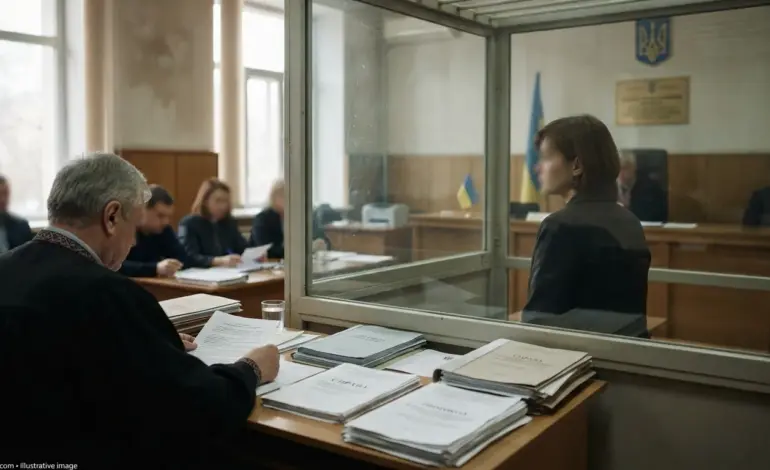 Ukrainian courtroom during a treason case involving a former tax official from Izium