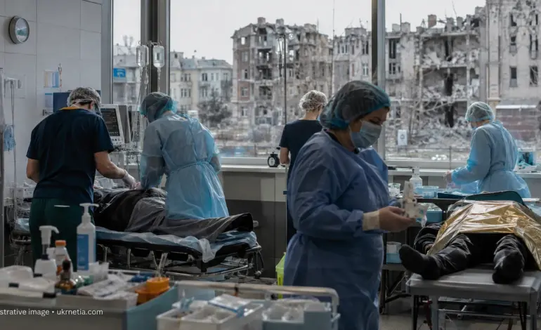 Medical workers treating civilians injured in drone attacks at a hospital in Kherson.