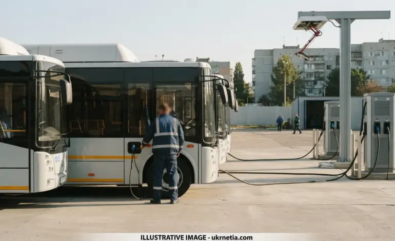 Electric buses at a municipal transport depot in Khmelnytskyi region, Ukraine