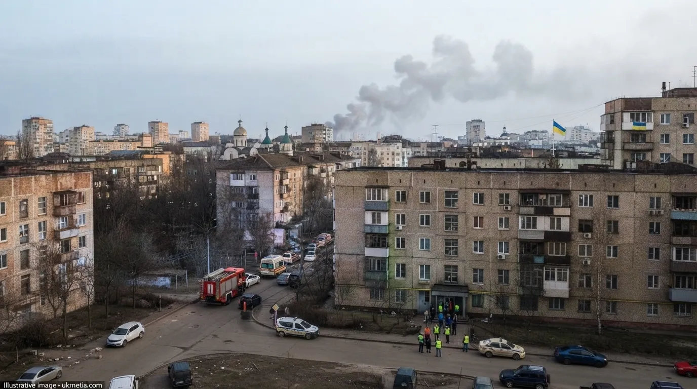 Kyiv skyline during a Russian drone attack with emergency responders and smoke visible in the distance.