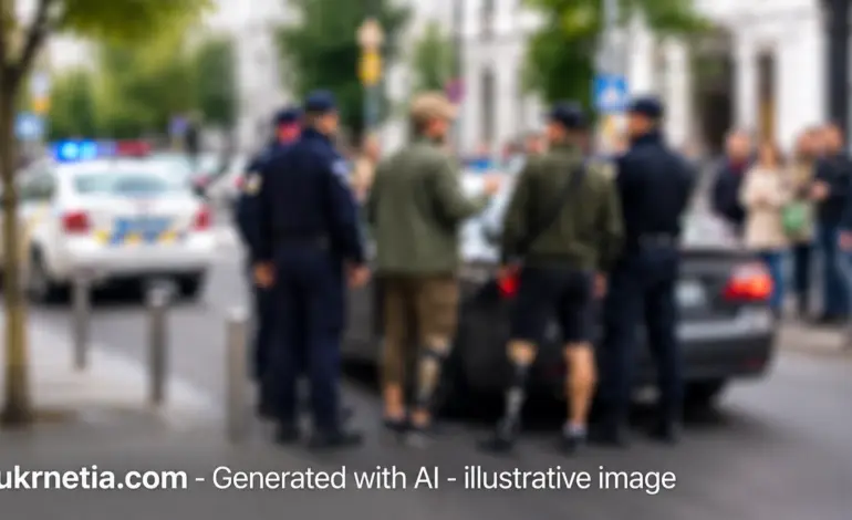 Police officers and war veterans during a tense confrontation in Kyiv