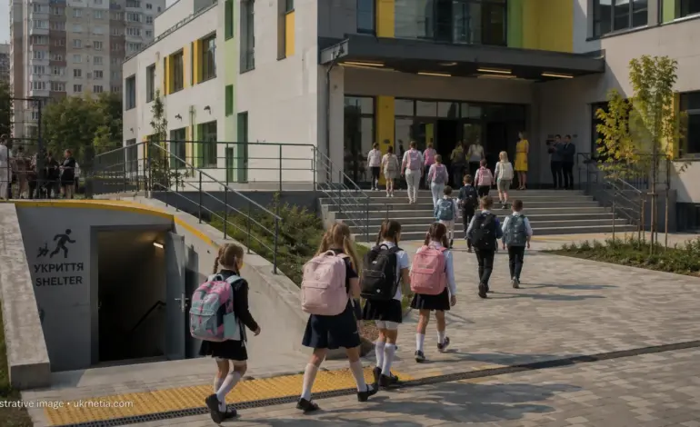 Schoolchildren arriving at a prepared school in Kyiv for the new academic year.