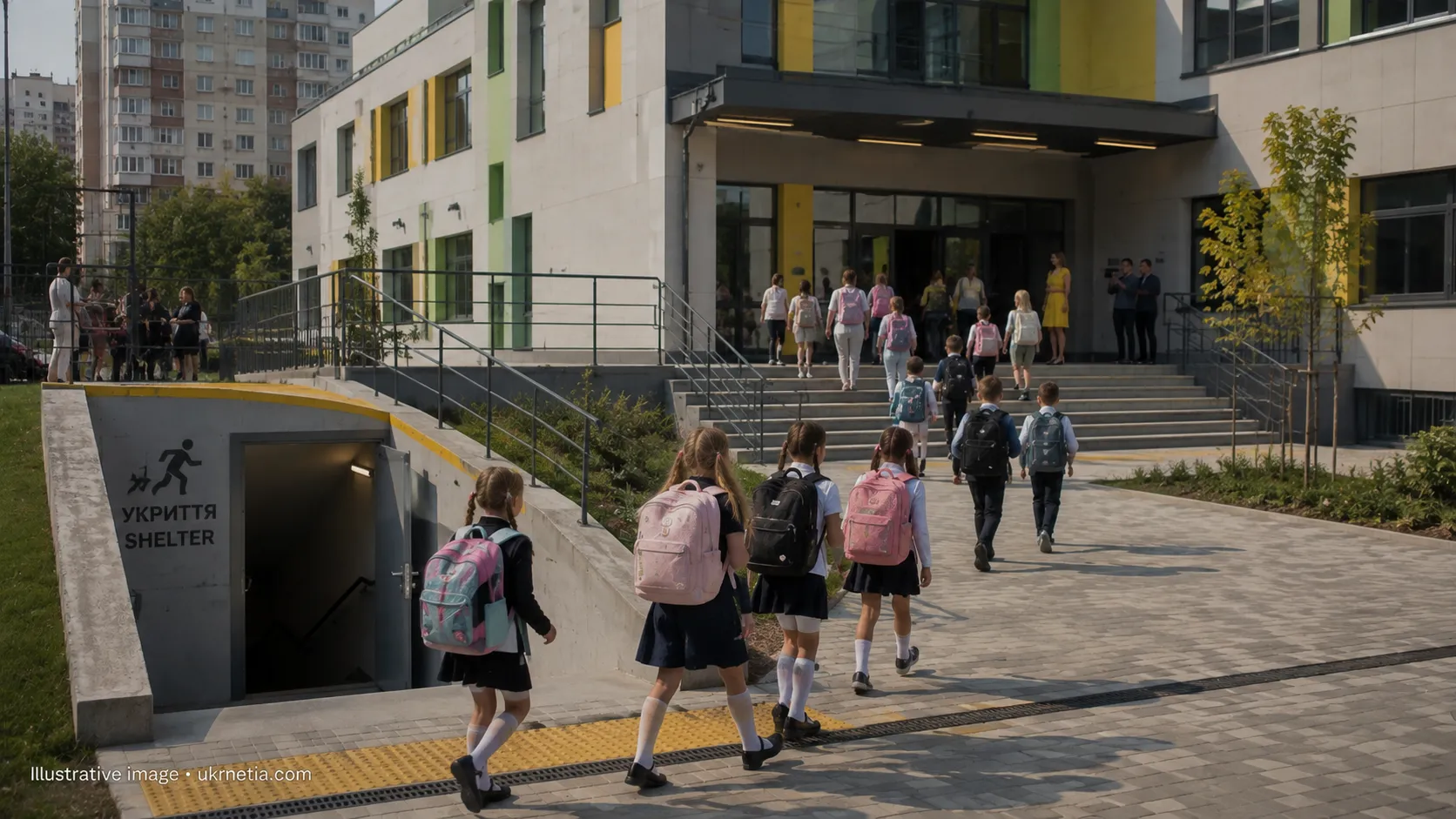 Schoolchildren arriving at a prepared school in Kyiv for the new academic year.