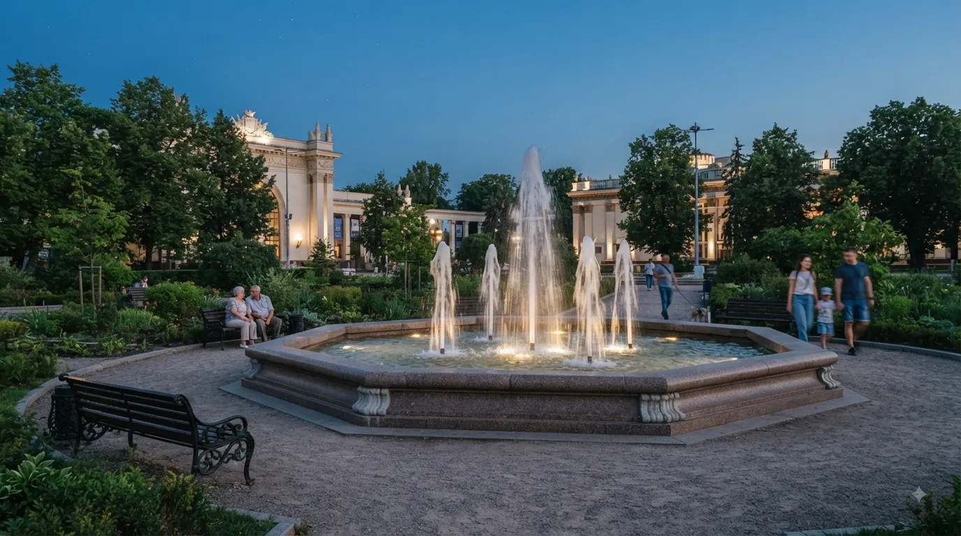 Restored historic fountain near the Therapeutic Garden at VDNG in Kyiv.