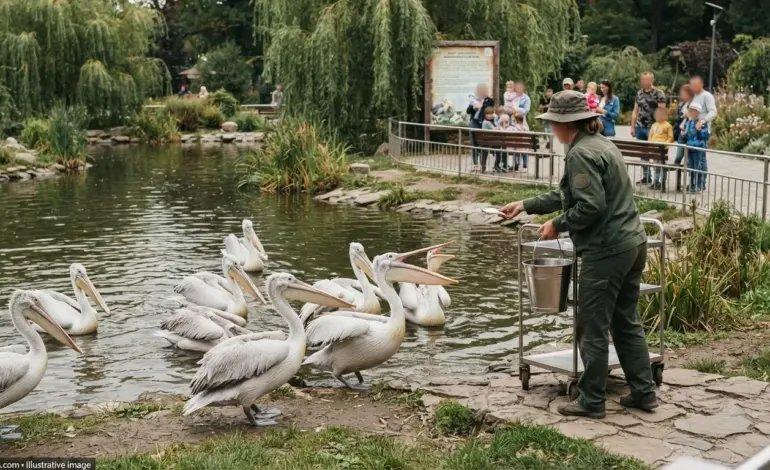 Pelicans being fed fresh fish at Kyiv Zoo