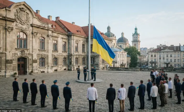 Ukrainian national flag raised during a State Flag Day ceremony in Lviv.