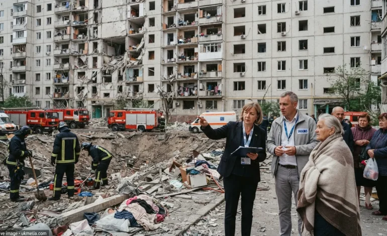OSCE representatives inspect a residential building damaged by a Russian strike in Kyiv's Podil district.