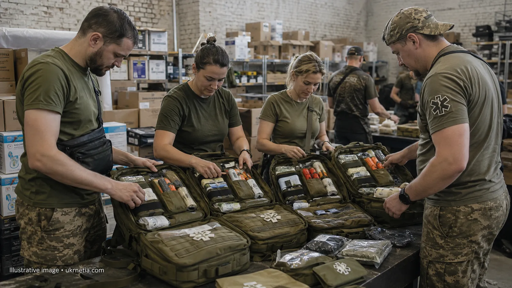 Medical backpacks being prepared for Ukrainian combat medics.