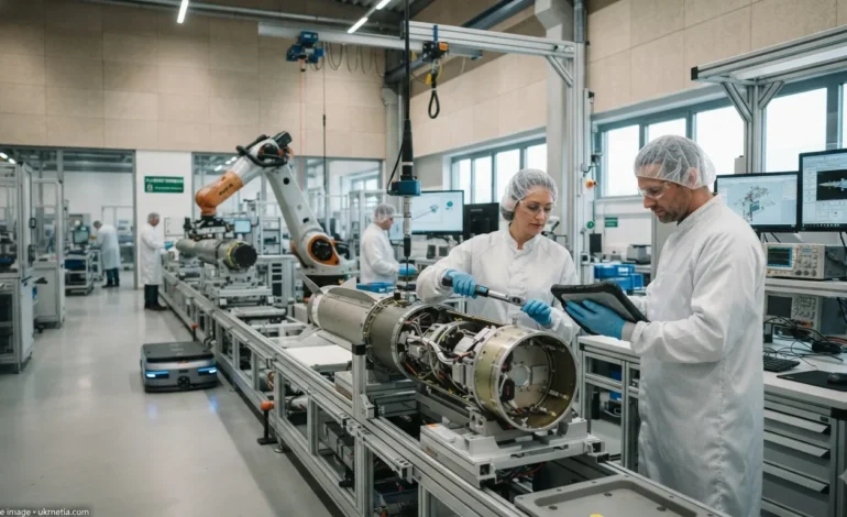 Engineers assemble Patriot interceptor missiles at a European defense manufacturing facility.