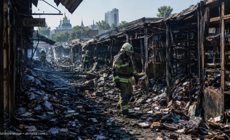 Burned remains of Kyiv's Pochaina book market after a Russian missile strike.