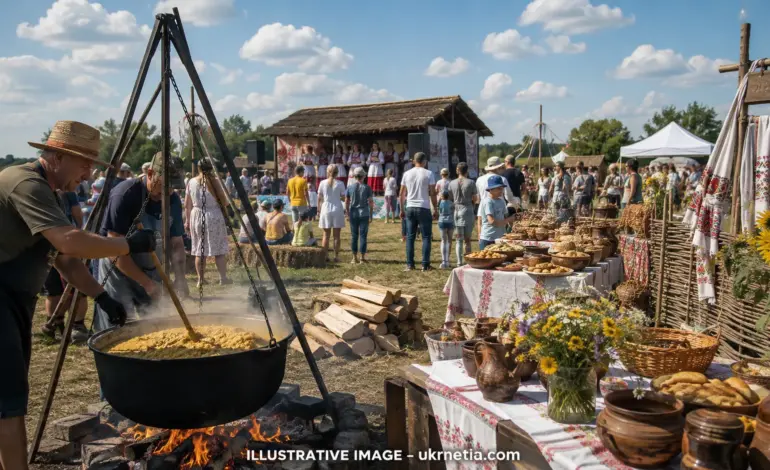 Traditional Ukrainian kulish being prepared during a cultural festival in Zhytomyr region