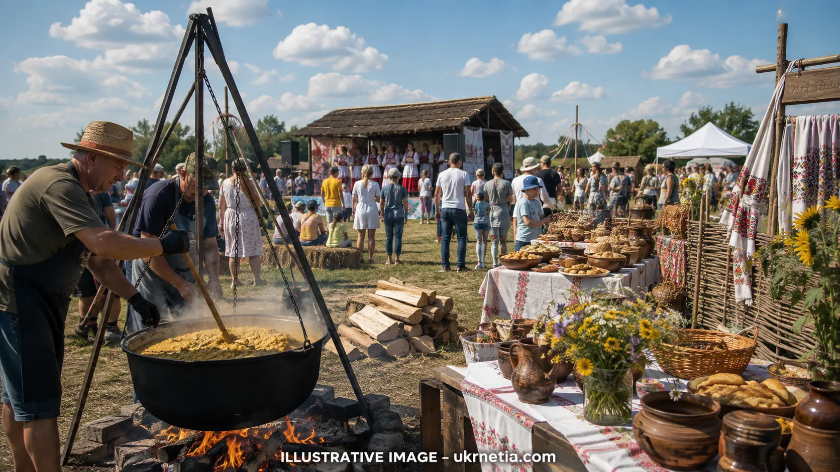 Traditional Ukrainian kulish being prepared during a cultural festival in Zhytomyr region