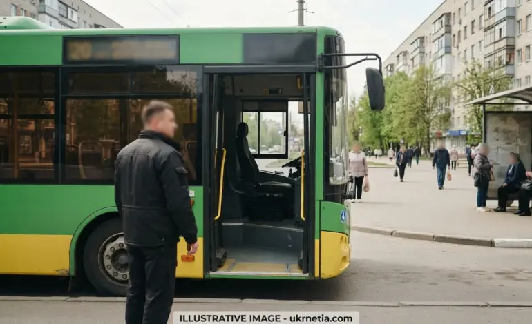 Bus driver stands beside a public transport bus in Rivne amid a shortage of drivers