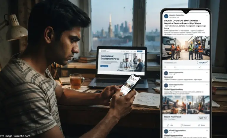 Job seeker viewing a deceptive recruitment advertisement on social media.