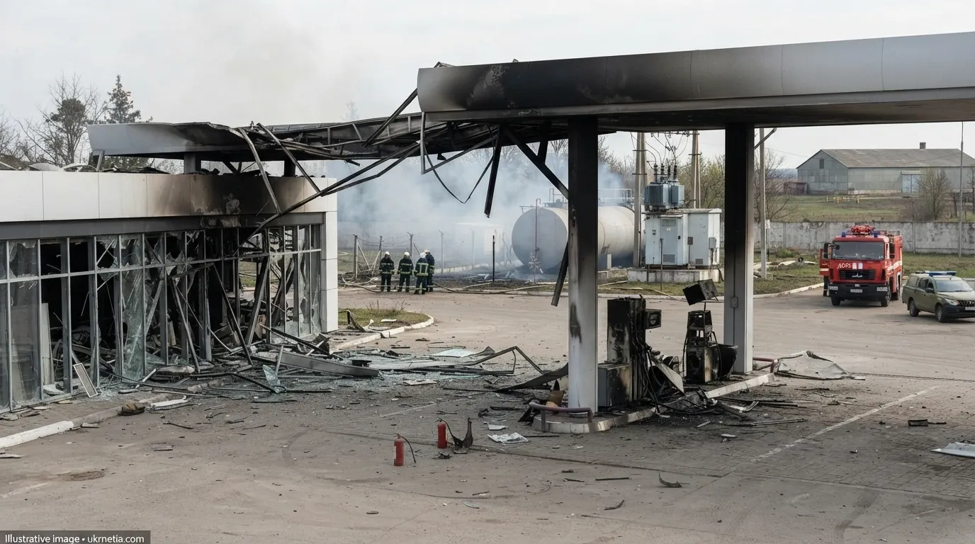 Damaged Ukrainian fuel station after a Russian attack.
