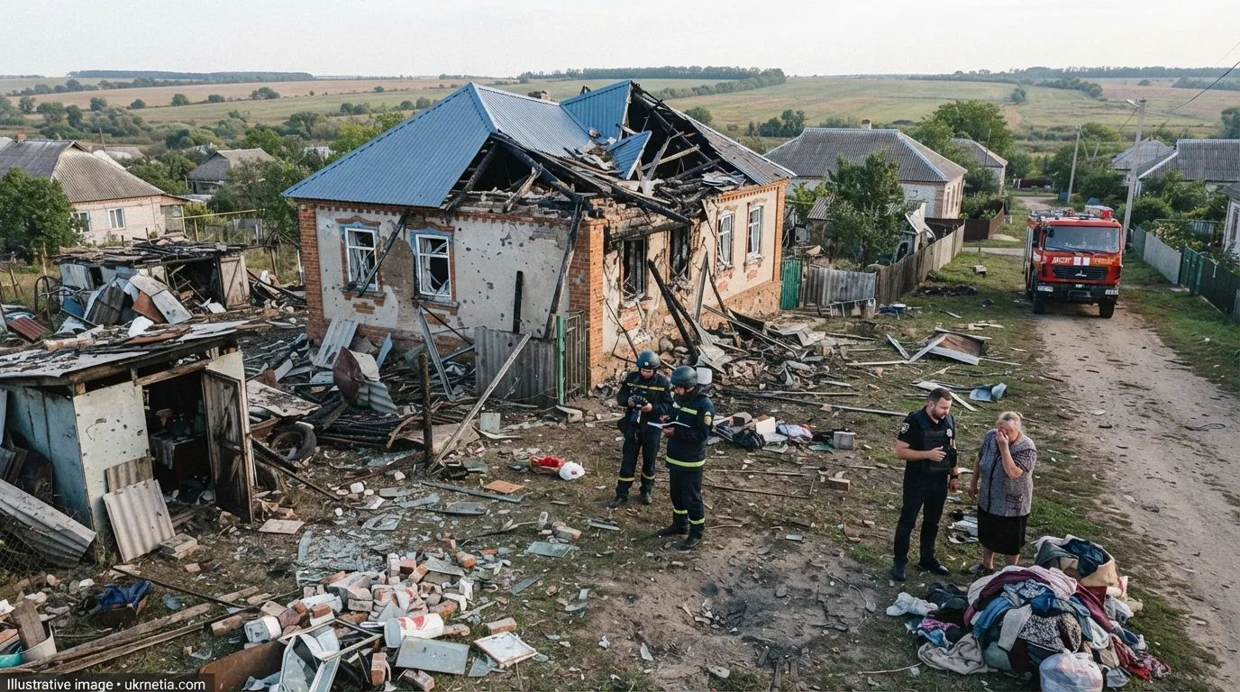 Emergency responders at the site of a Russian strike on a village in Sumy Oblast.