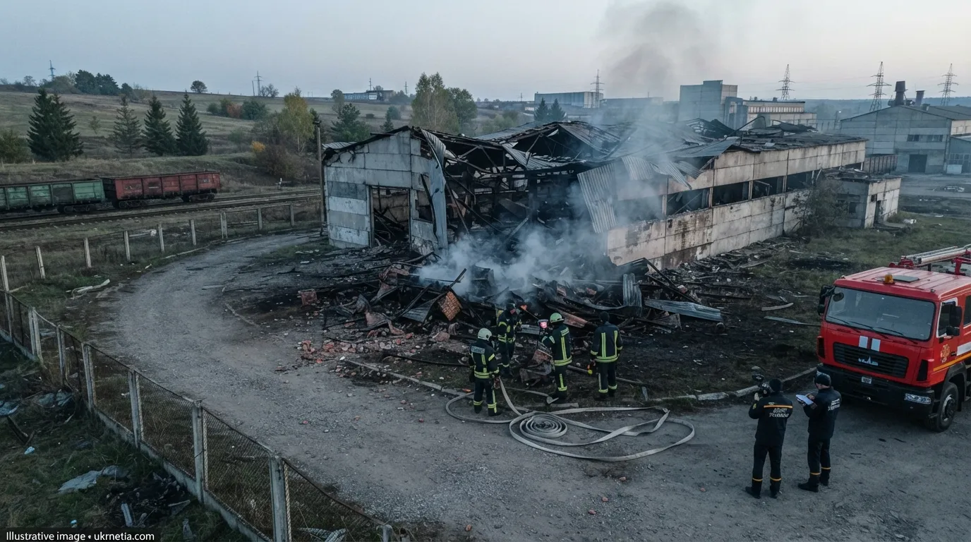 Emergency responders inspect damaged infrastructure in Zhytomyr Oblast after a Russian drone attack.