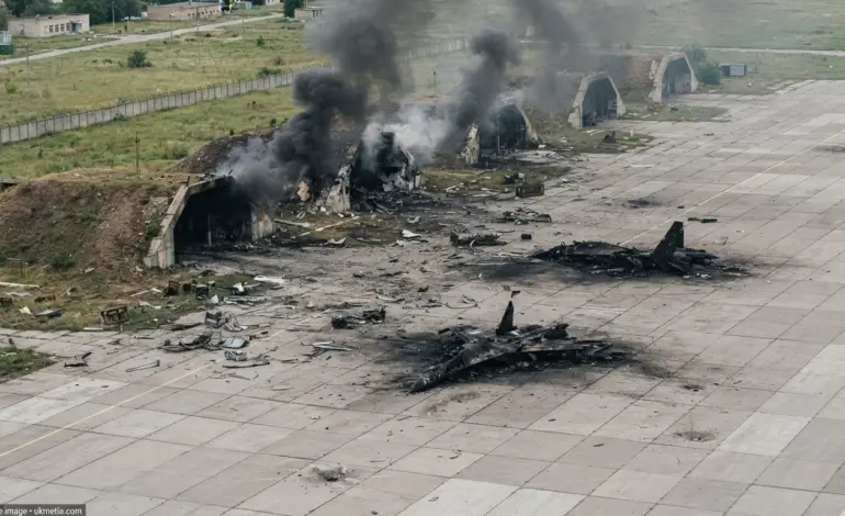 Destroyed Russian military aircraft at an airfield after a Ukrainian strike.