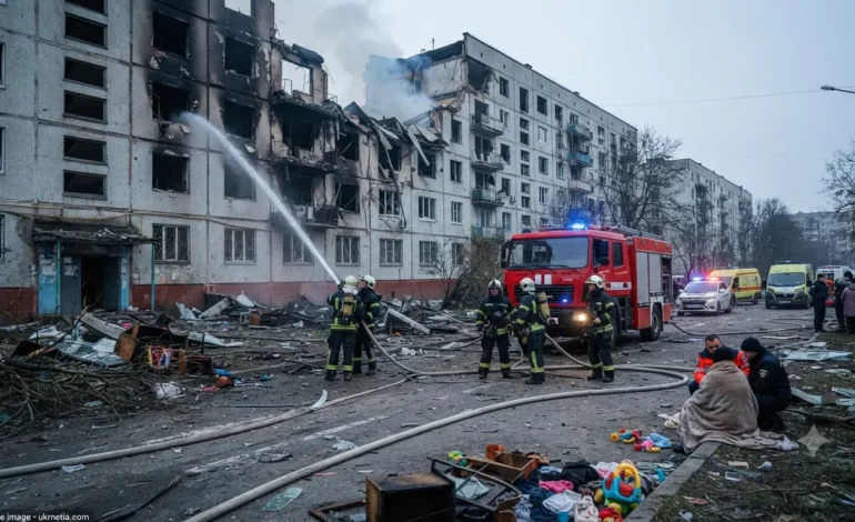 Emergency responders work outside a damaged residential building after a Russian missile and drone attack in the Kyiv region.