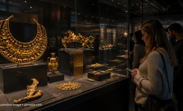 The Scythian Golden Pectoral displayed in a museum, showcasing one of the greatest masterpieces of ancient Scythian goldsmithing discovered in Ukraine.