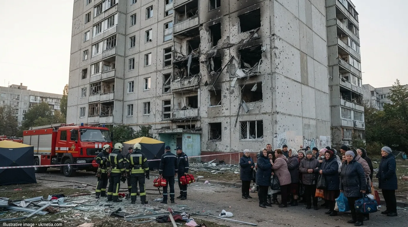 Damaged apartment building in Smila, Cherkasy Oblast, after a Russian drone strike.