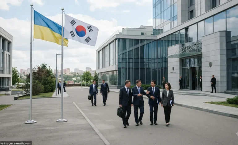South Korean and Ukrainian flags during diplomatic talks on security cooperation.