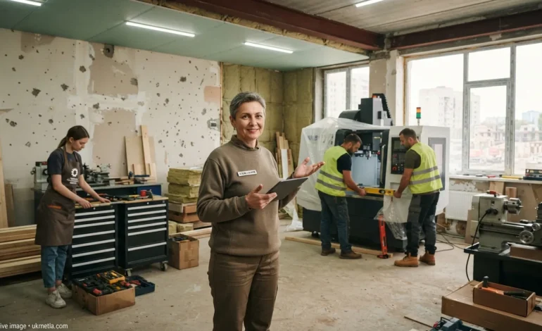 Owner of a Ukrainian small business rebuilding a workshop damaged during the war.