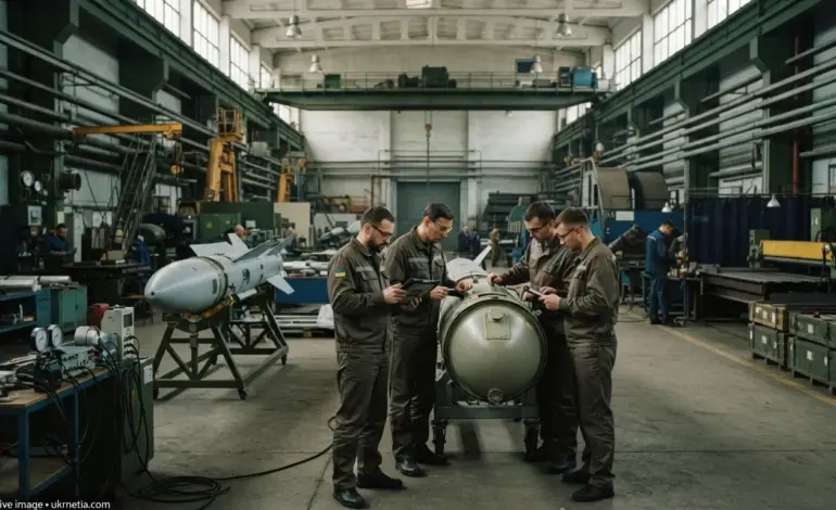 Ukrainian engineers working on a domestically developed ballistic missile system.