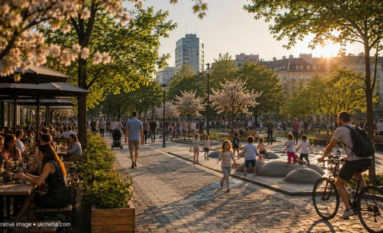 Families enjoying a summer afternoon in a public park as domestic tourism grows across Ukraine.