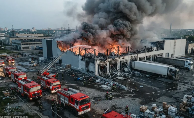 Firefighters respond to a fire at a Wildberries logistics warehouse in Yekaterinburg following a drone strike.