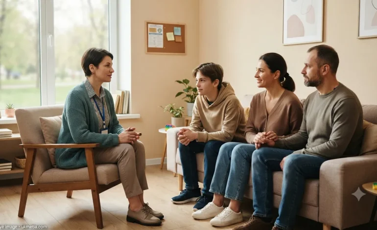 A psychologist provides mental health support to a Ukrainian family in a community healthcare center.