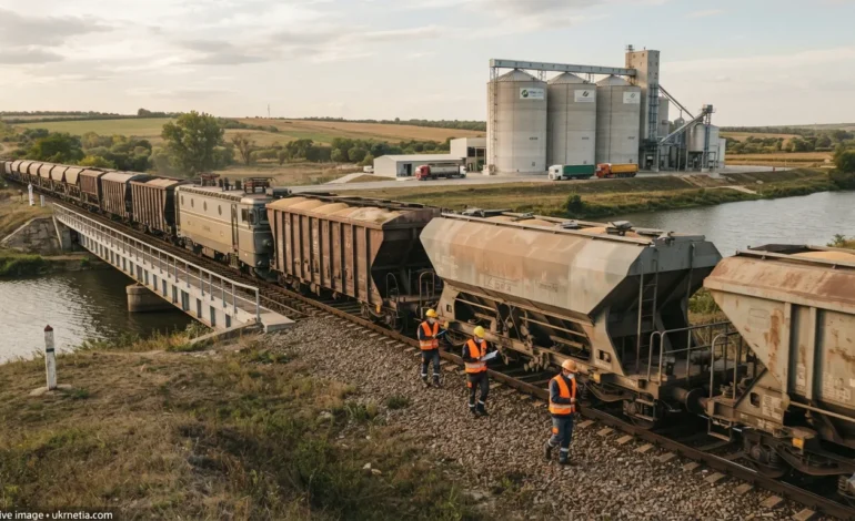 Freight train carrying Ukrainian grain through Moldova toward the European Union.