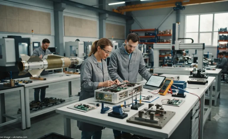Engineers assemble advanced air defense missile components at a Ukrainian defense manufacturing facility.