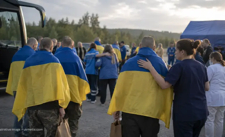 Ukrainian military personnel returning home after release from Russian captivity.