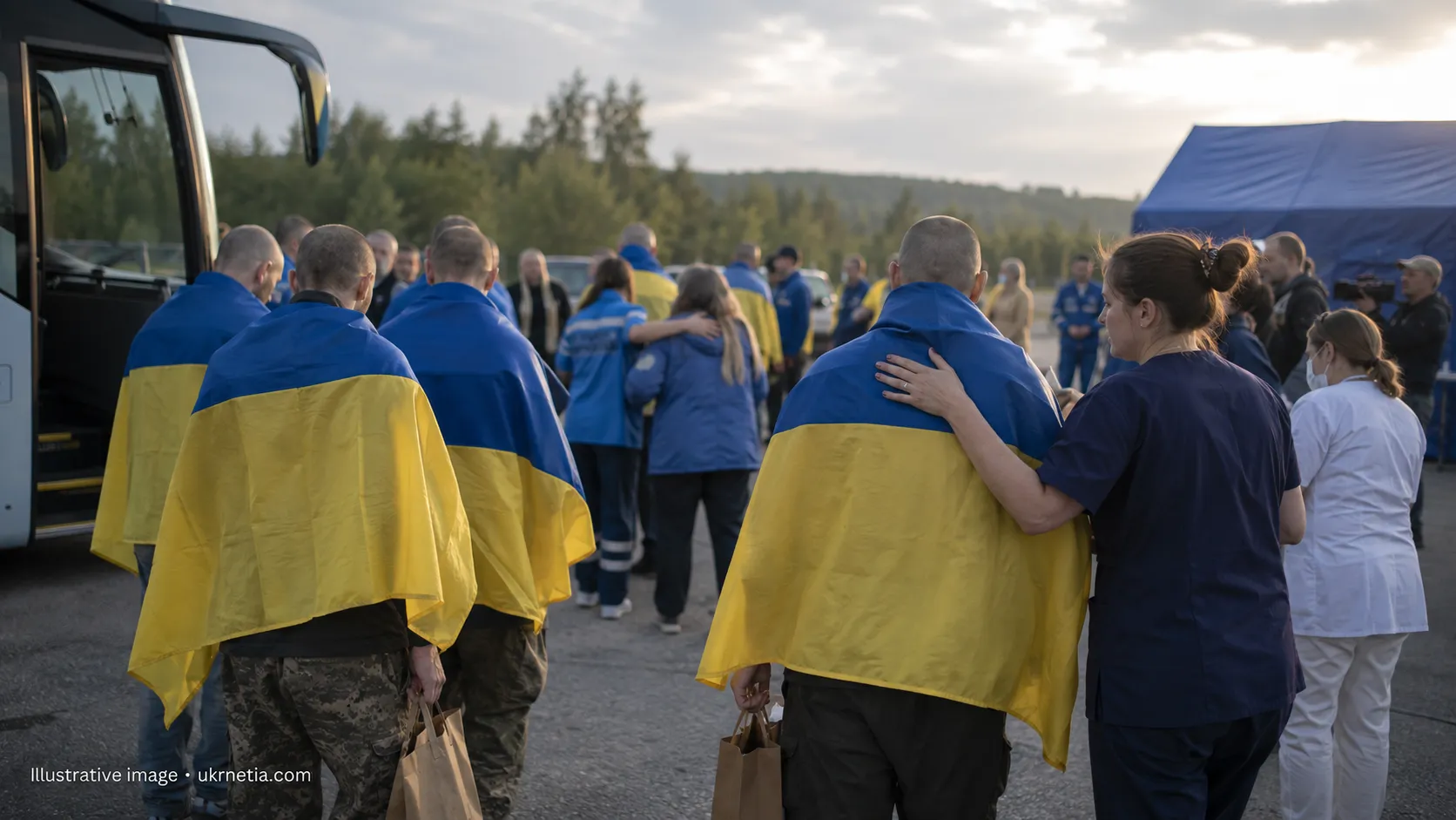 Ukrainian military personnel returning home after release from Russian captivity.