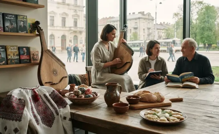 Traditional Ukrainian clothing, music, food and cultural objects representing Ukrainian heritage.