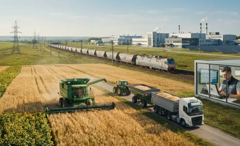 Agriculture, manufacturing, energy and technology representing the Ukrainian economy.